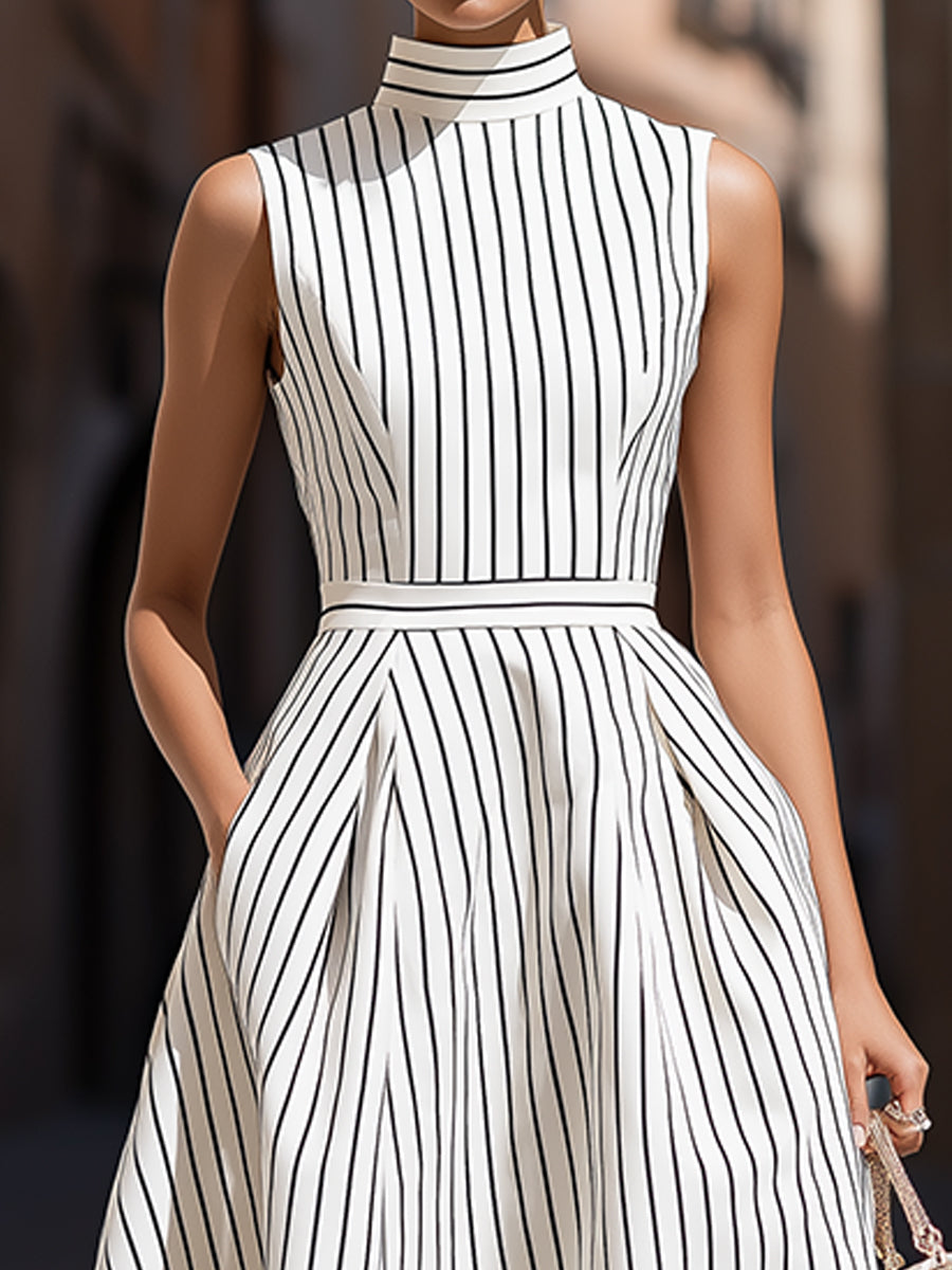 Rochie midi elegantă, fără mâneci, cu dungi și guler înalt