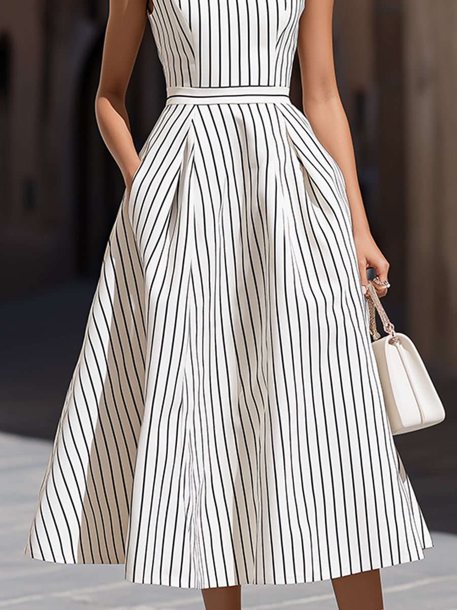 Rochie midi elegantă, fără mâneci, cu dungi și guler înalt