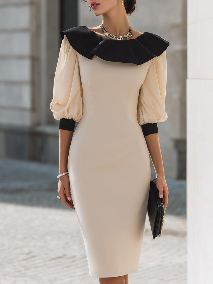 Rochie midi cu guler plisat contrastant și mâneci bufante