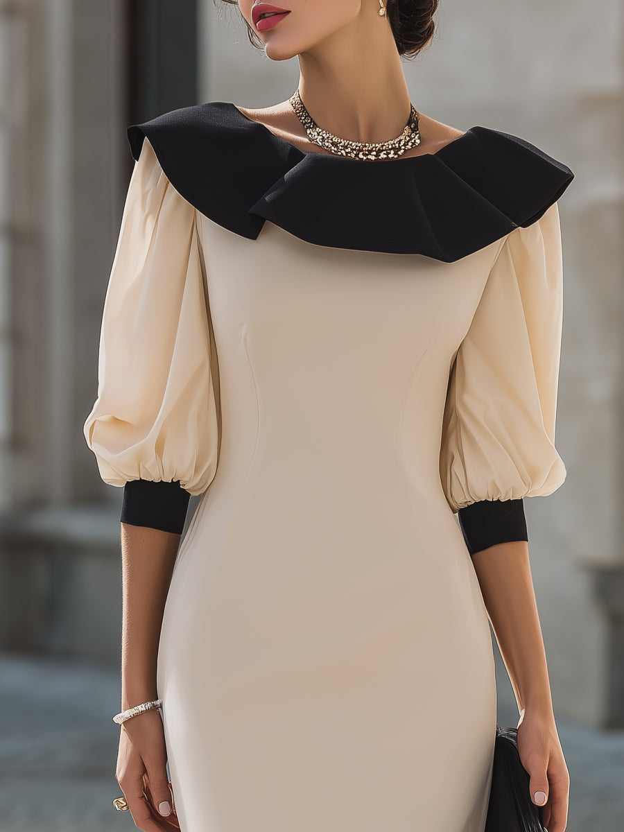 Rochie midi cu guler plisat contrastant și mâneci bufante