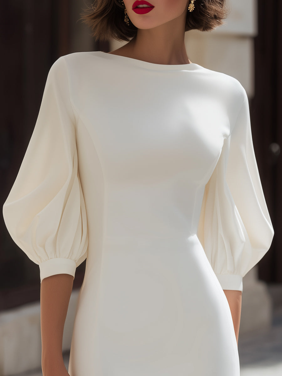 Rochie midi minimalistă cu mâneci bufante