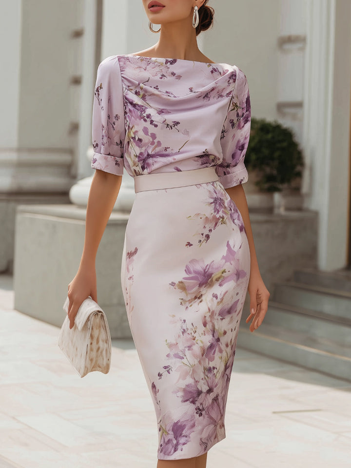 Rochie midi creion cu decolteu drapat și imprimeu floral