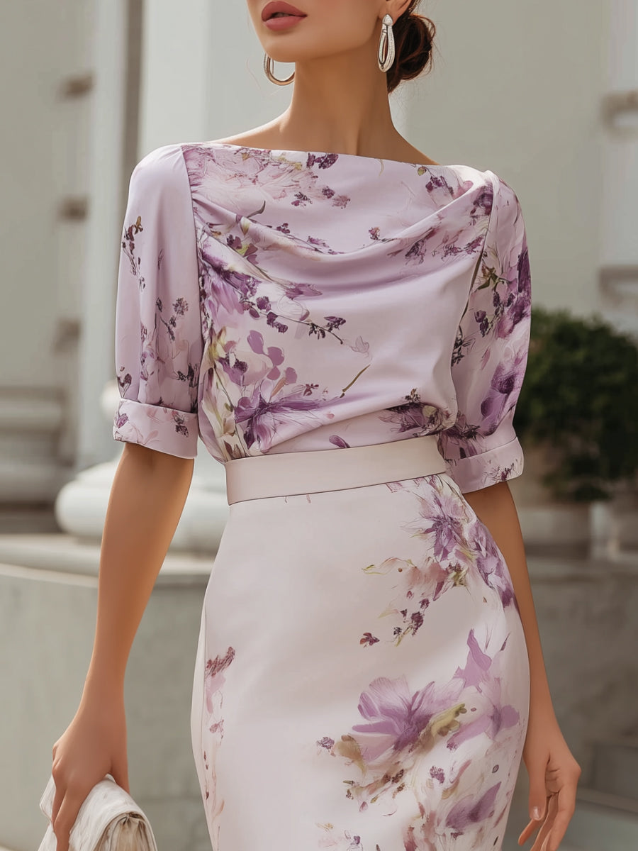 Rochie midi creion cu decolteu drapat și imprimeu floral