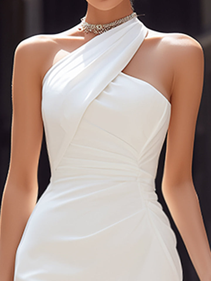 Rochie asimetrică midi cu drapaj și guler tip halter