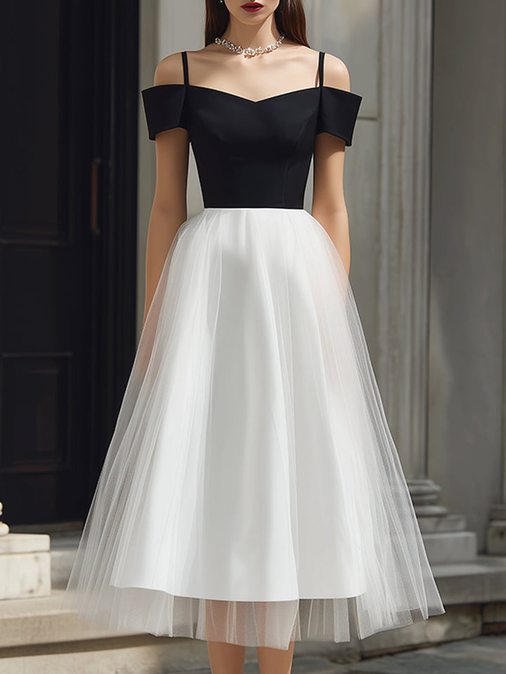 Rochie Midi A-Line din Tul cu Detalii la Bretele Off-Shoulder