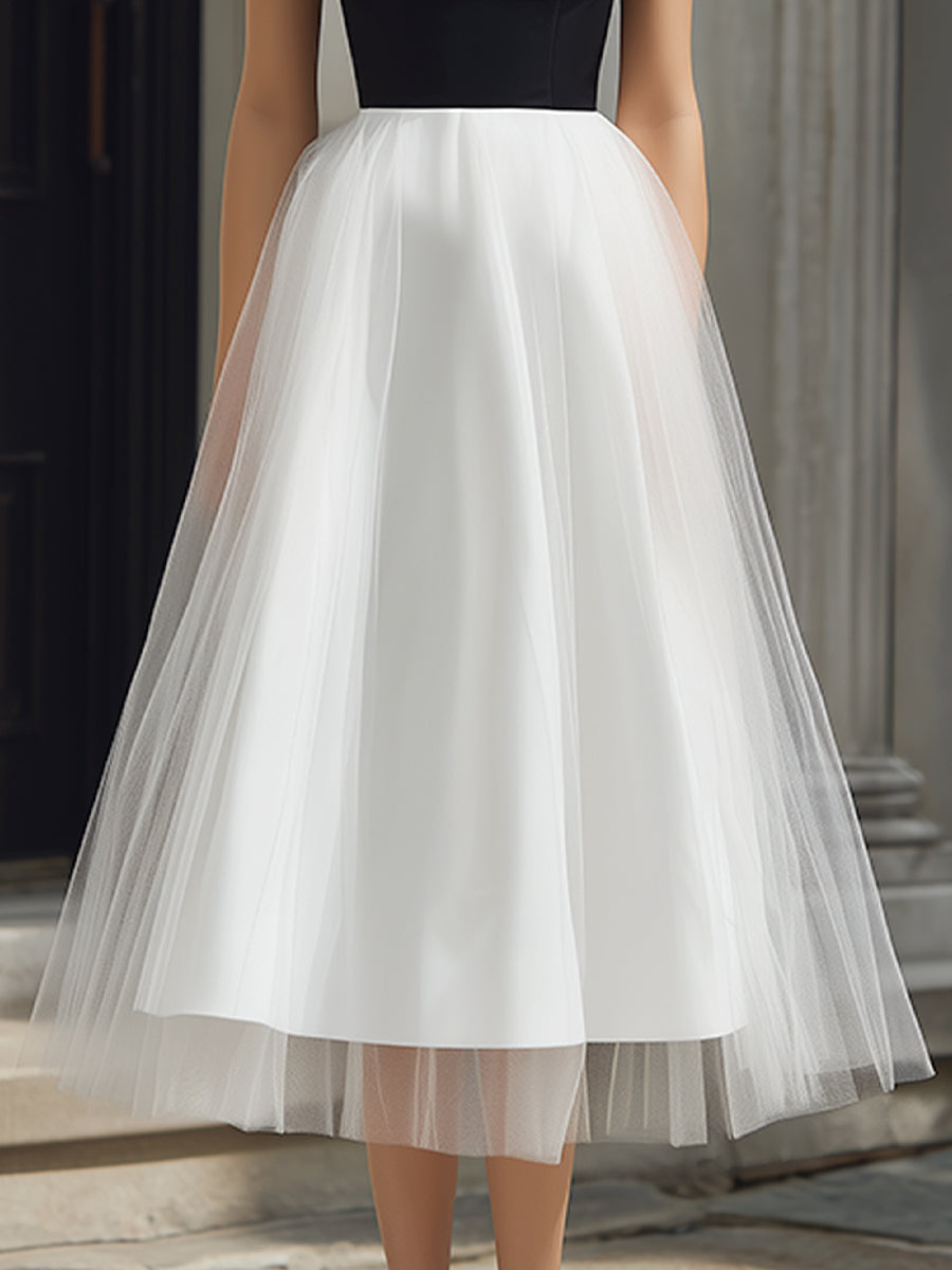 Rochie Midi A-Line din Tul cu Detalii la Bretele Off-Shoulder
