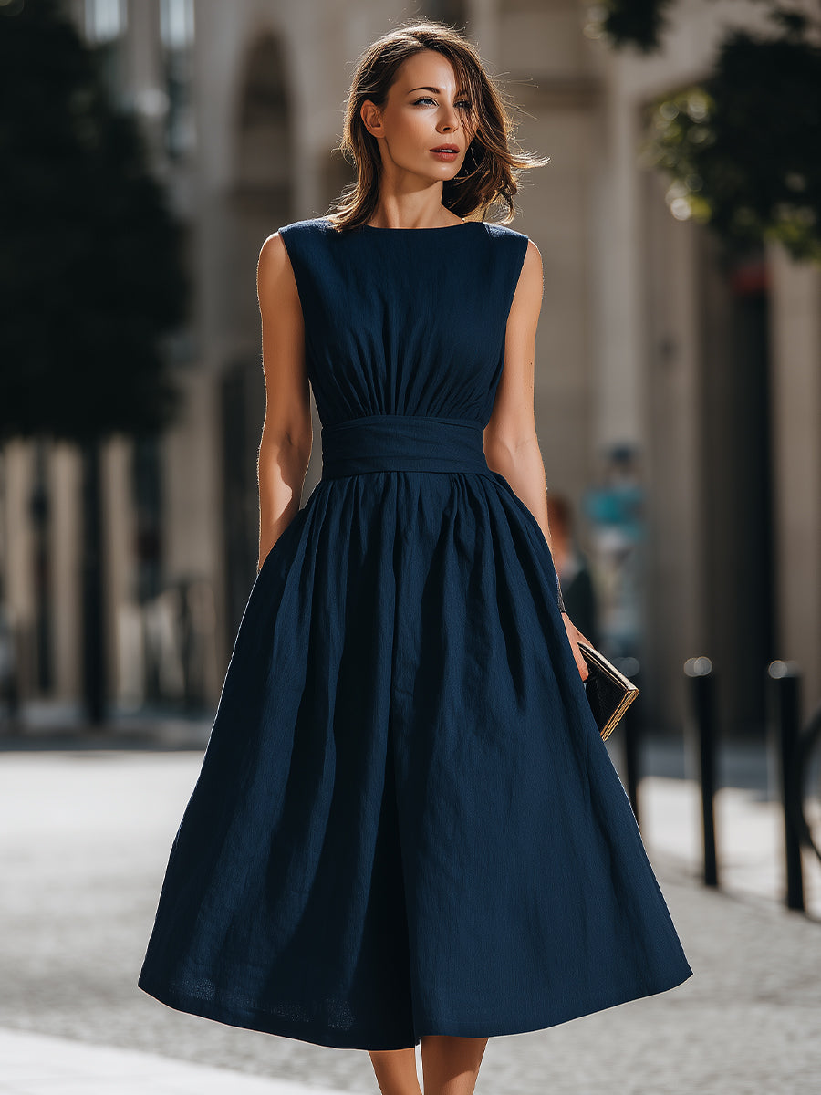 Rochie midi fără mâneci cu fustă plisată în formă de A