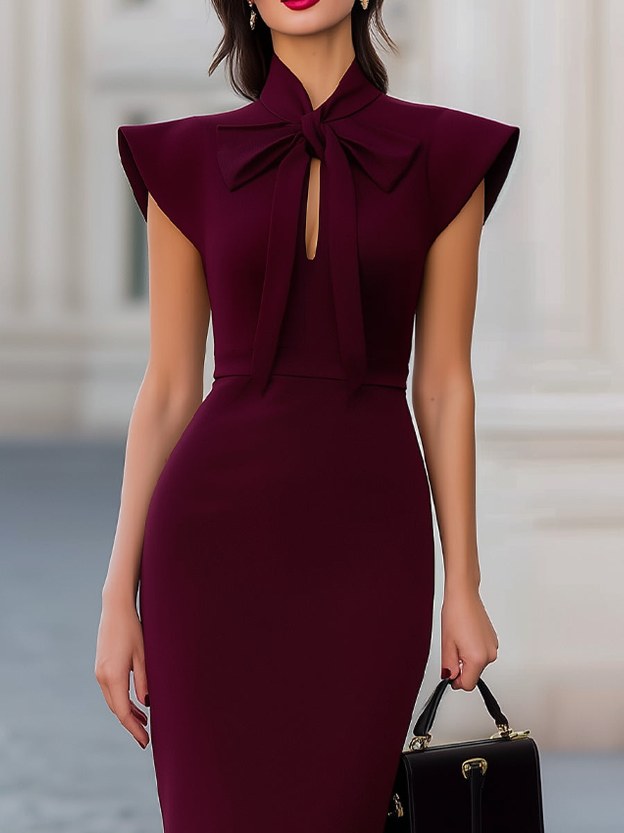 Rochie midi burgundy cu volane pe umeri și fundă tip cravată