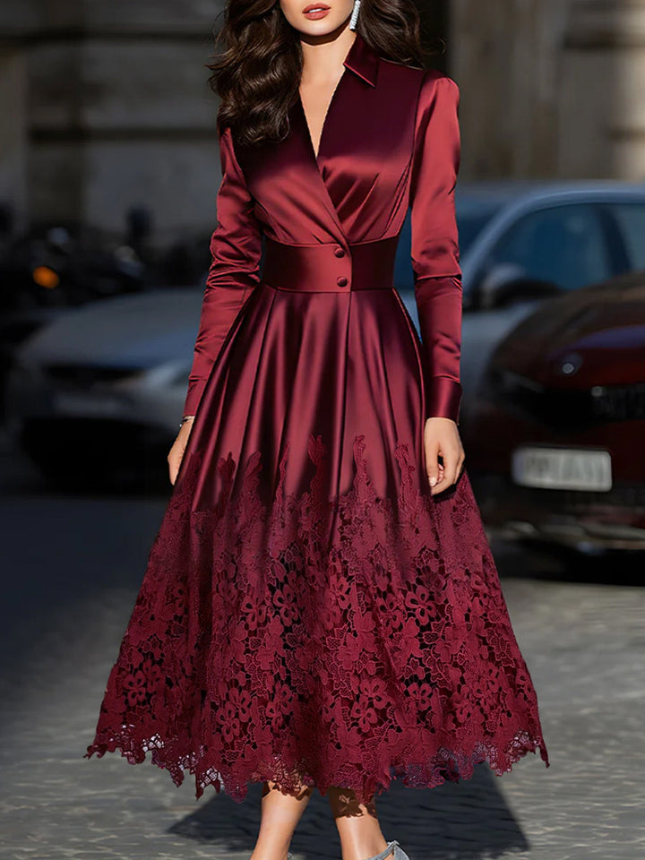 Rochie Midi din Satin Bordeaux cu Curea și Tiv din Dantelă