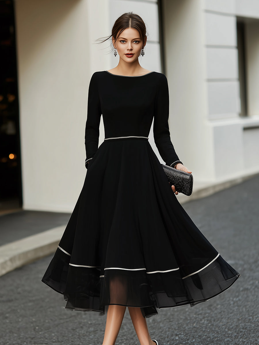 Rochie midi cu mâneci lungi și ornamente contrastante, cu tiv evazat