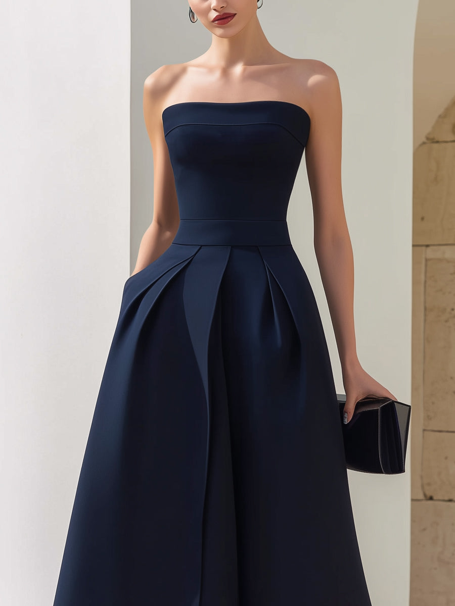 Rochie Midi fără Bretele în Stil A, cu Pliuri