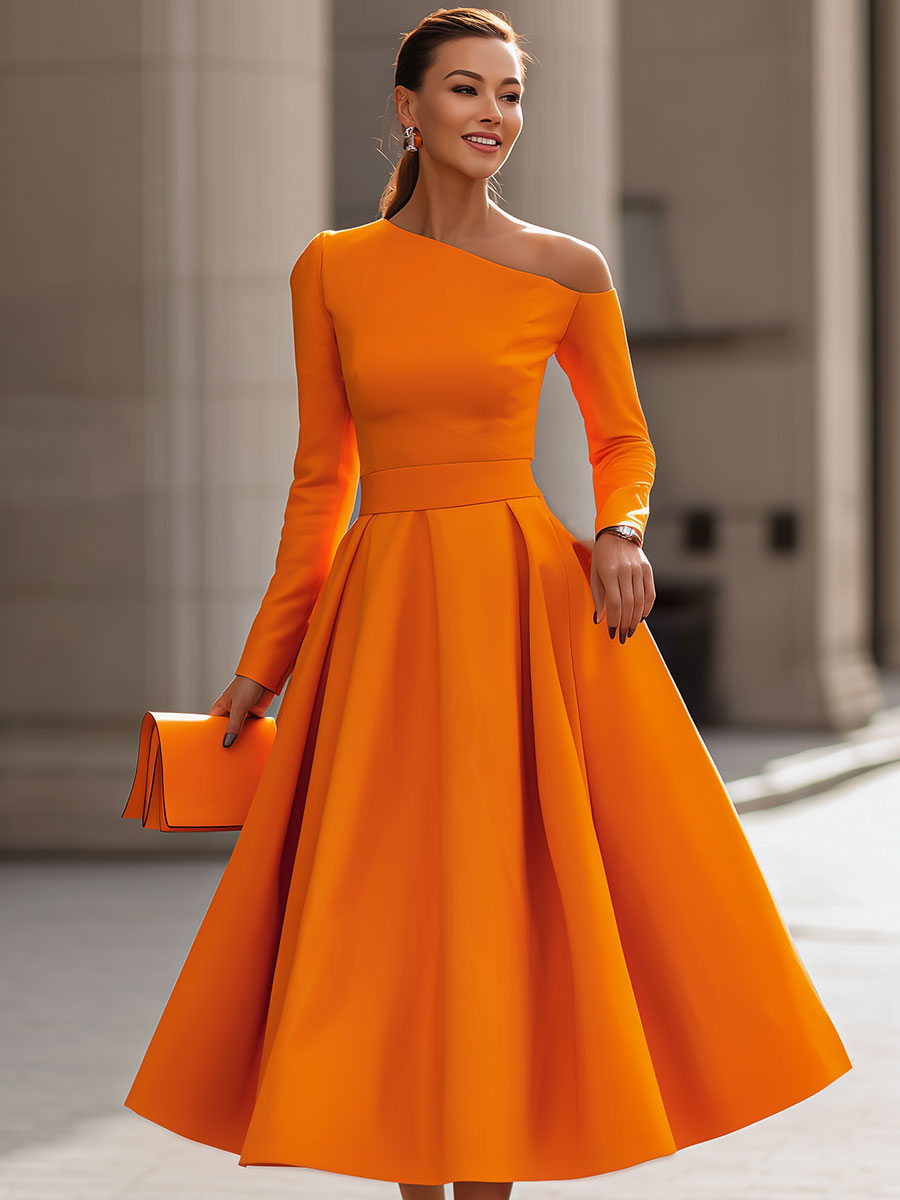 Eleganță Radiantă: Rochie Rafinată cu Mânecă Lungă și Volane