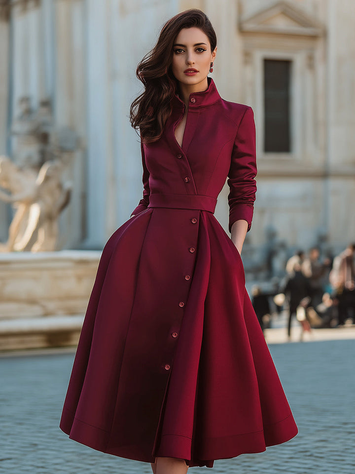 Rochie midi elegantă cu guler și nasturi, cu curea