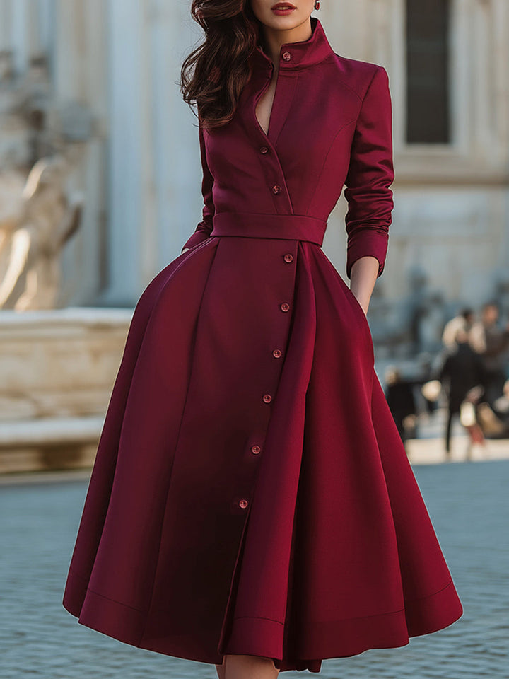 Rochie midi elegantă cu guler și nasturi, cu curea