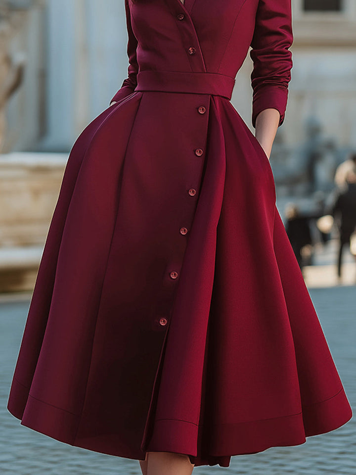 Rochie midi elegantă cu guler și nasturi, cu curea