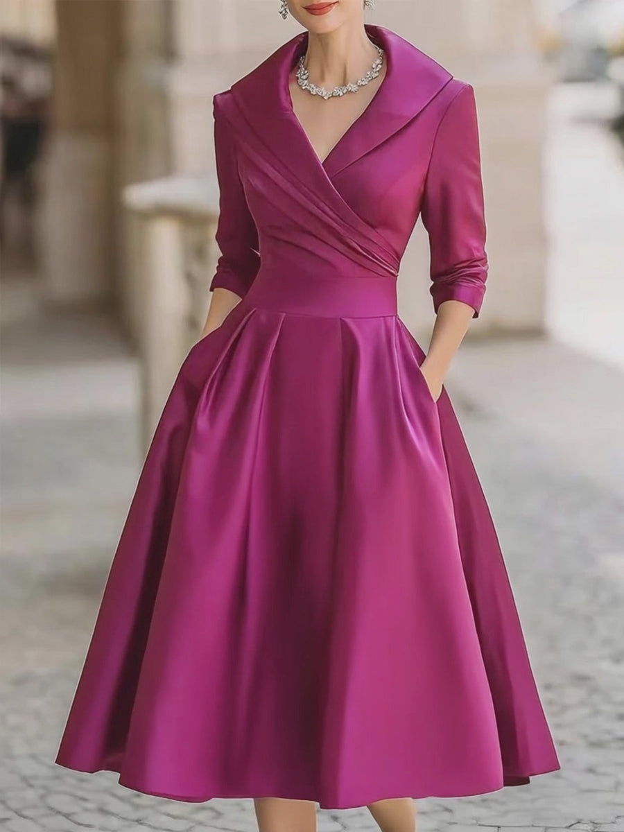 Rochie midi vintage din satin cu guler drapat