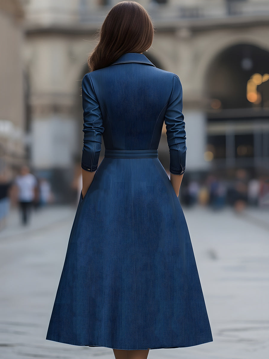 Rochie midi elegantă din denim cu fermoar și curea