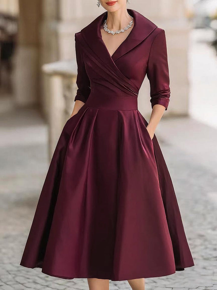 Rochie midi vintage din satin cu guler drapat