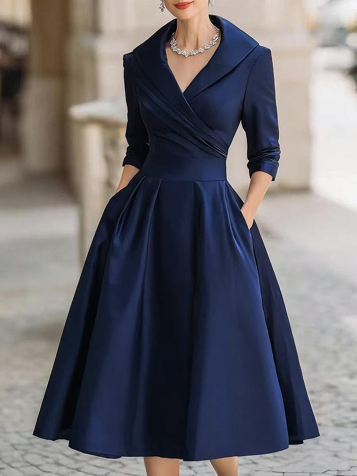 Rochie midi vintage din satin cu guler drapat