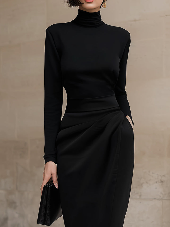 Rochie midi elegantă neagră cu guler înalt