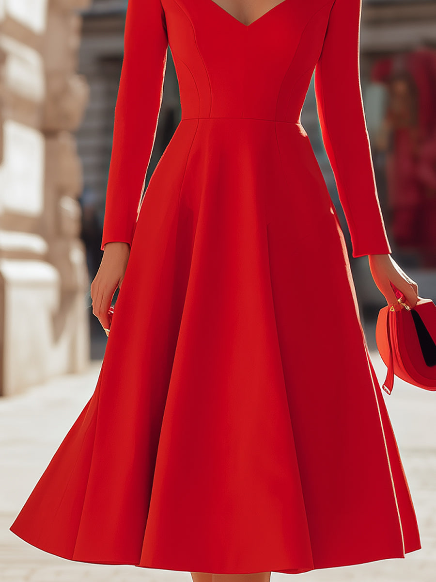 Rochie midi elegantă roșie cu decolteu în V