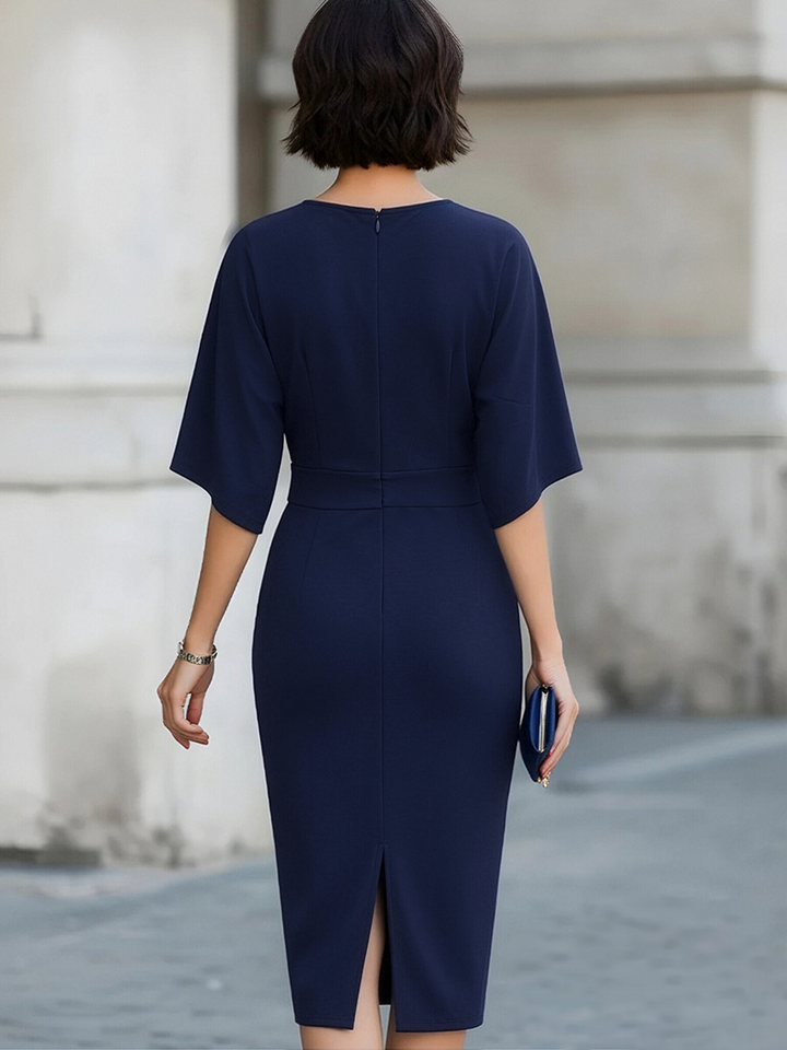 Rochie midi elegantă cu mânecă liliac de culoare bleumarin