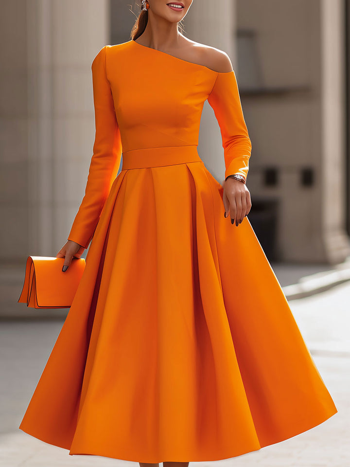 Eleganță Radiantă: Rochie Rafinată cu Mânecă Lungă și Volane