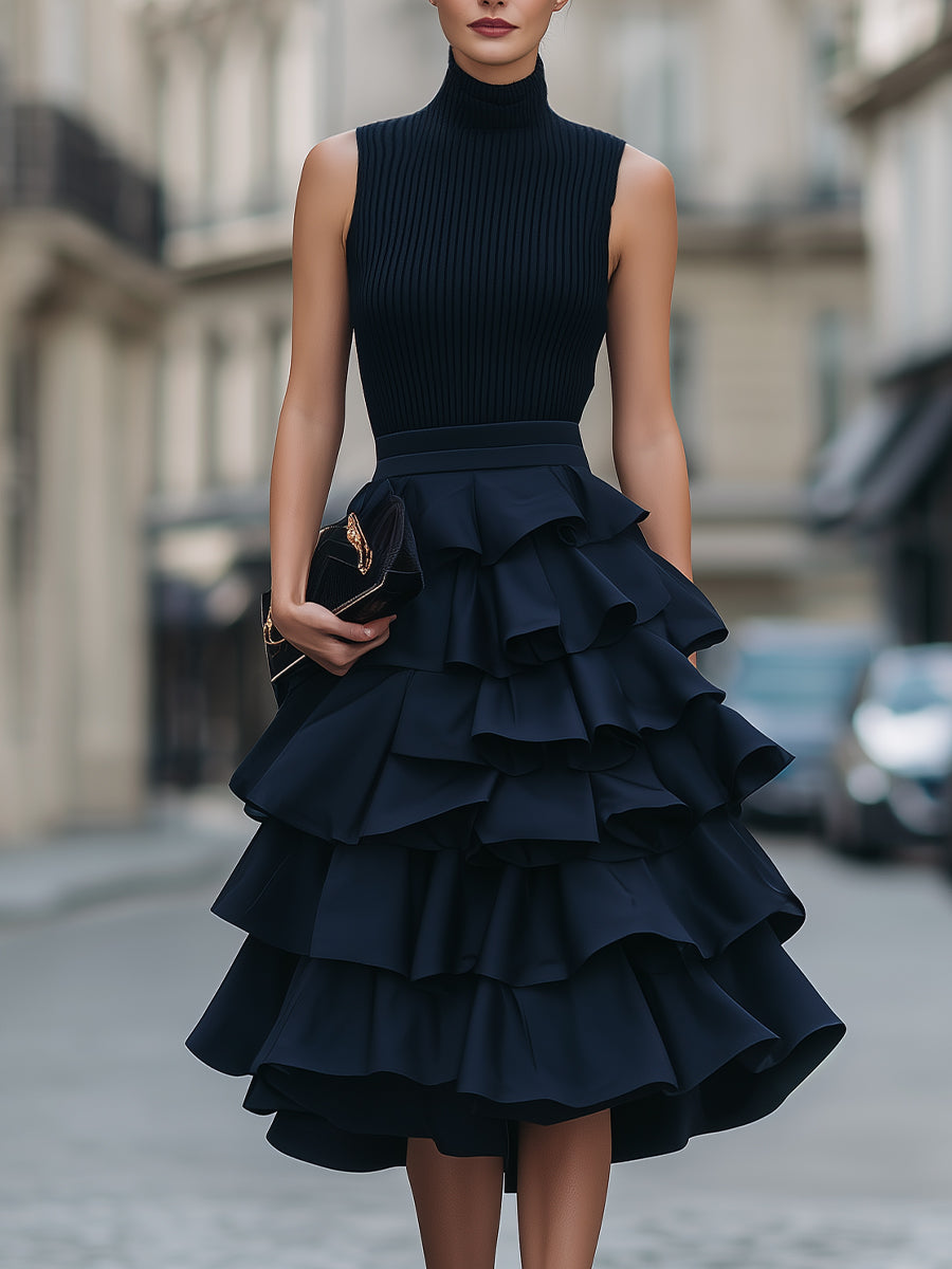 Rochie midi fără mâneci, cu gât înalt și volane
