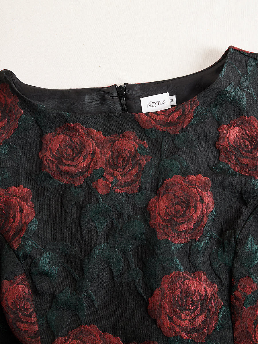 Rochie Midi Elegantă cu Trandafiri în Jacard