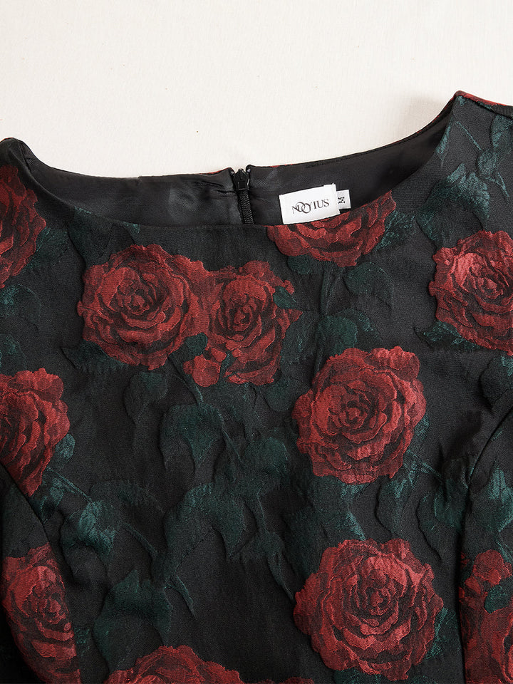 Rochie Midi Elegantă cu Trandafiri în Jacard