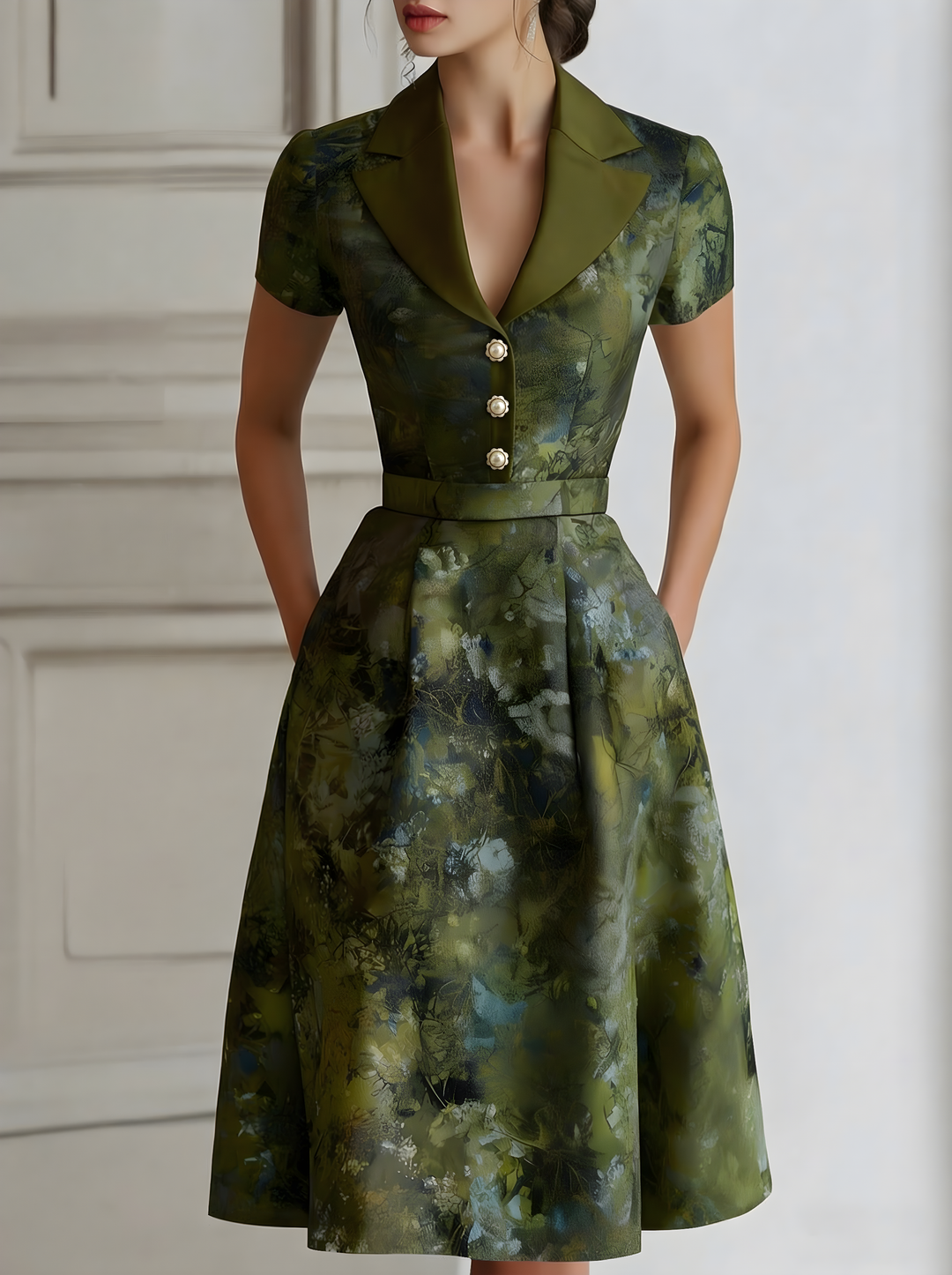 Rochie Midi Florală cu Mânecă Scurtă și Talie Cambrată