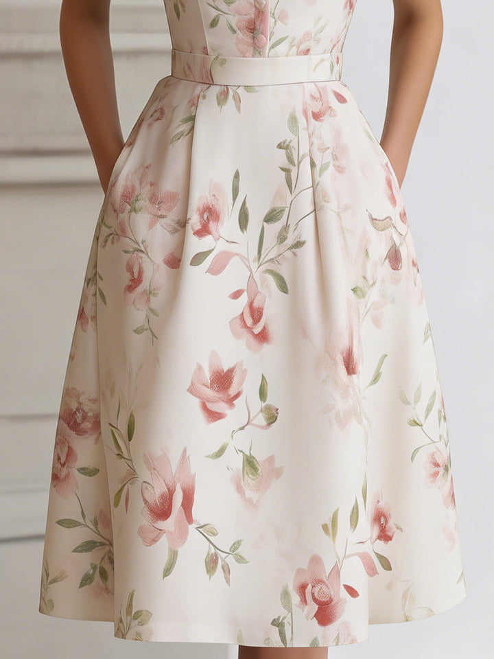 Rochie Midi Florală cu Mânecă Scurtă și Talie Cambrată