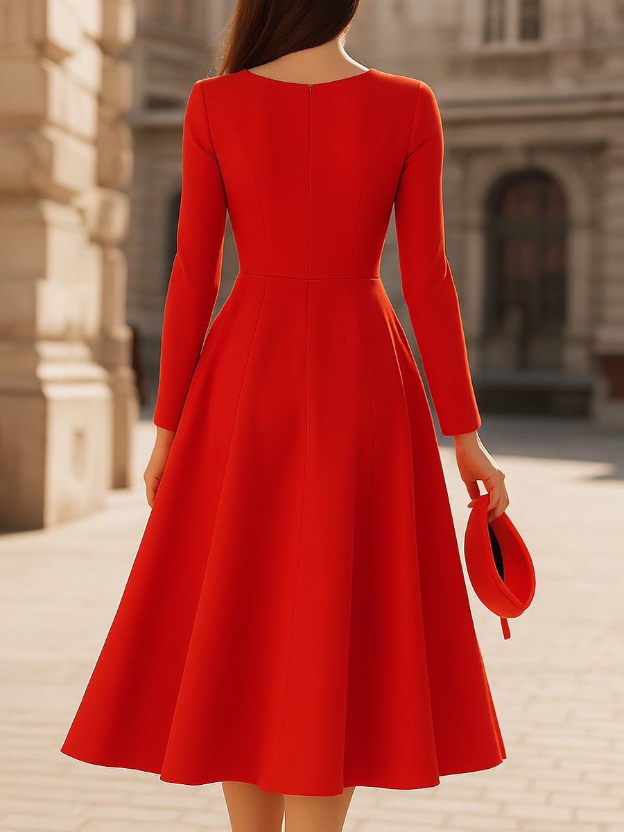 Rochie midi elegantă roșie cu decolteu în V
