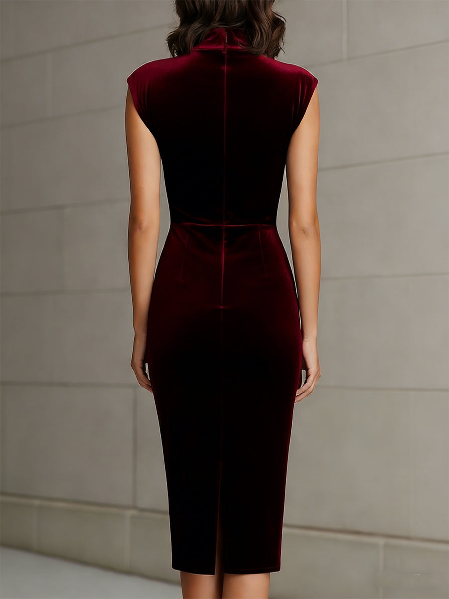 Rochie Burgundy Rigidă cu Guler Înalt din Catifea