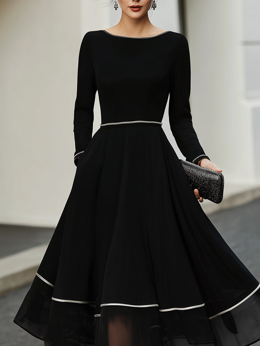 Rochie midi cu mâneci lungi și ornamente contrastante, cu tiv evazat