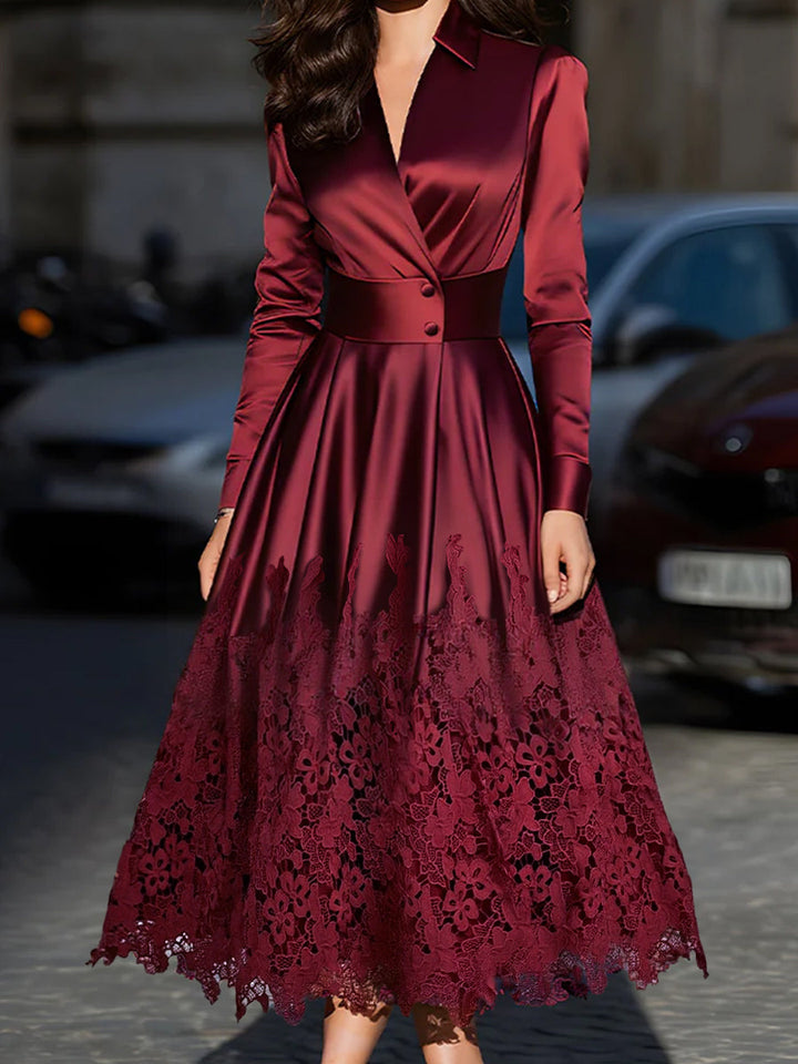 Rochie Midi din Satin Bordeaux cu Curea și Tiv din Dantelă