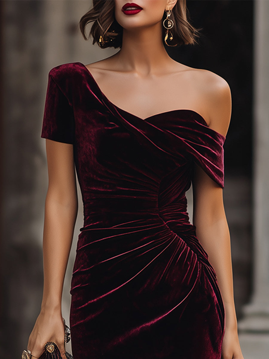 Rochie midi din catifea, stil asimetric