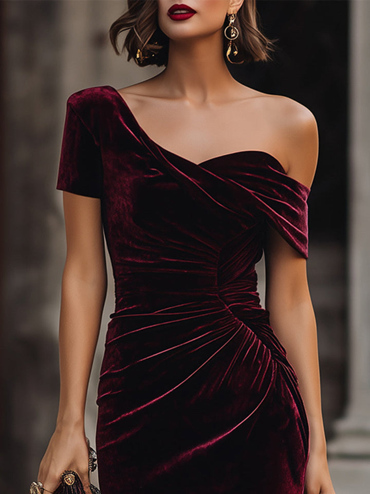 Rochie midi din catifea, stil asimetric