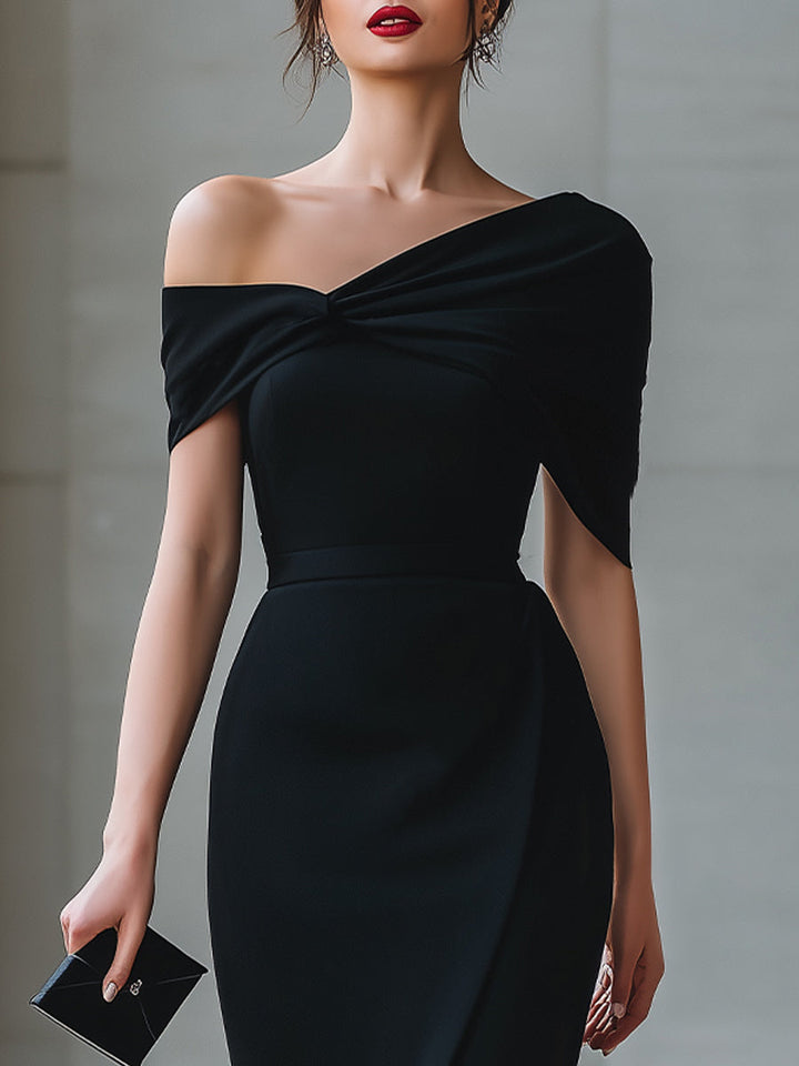 Rochie Midi Asimetrică Neagră pe Un Umar