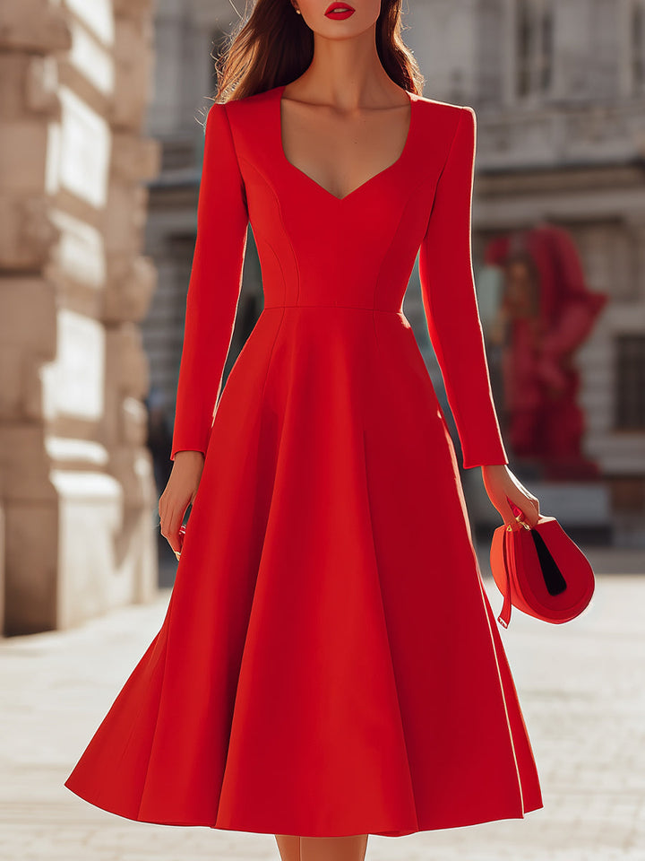 Rochie midi elegantă roșie cu decolteu în V