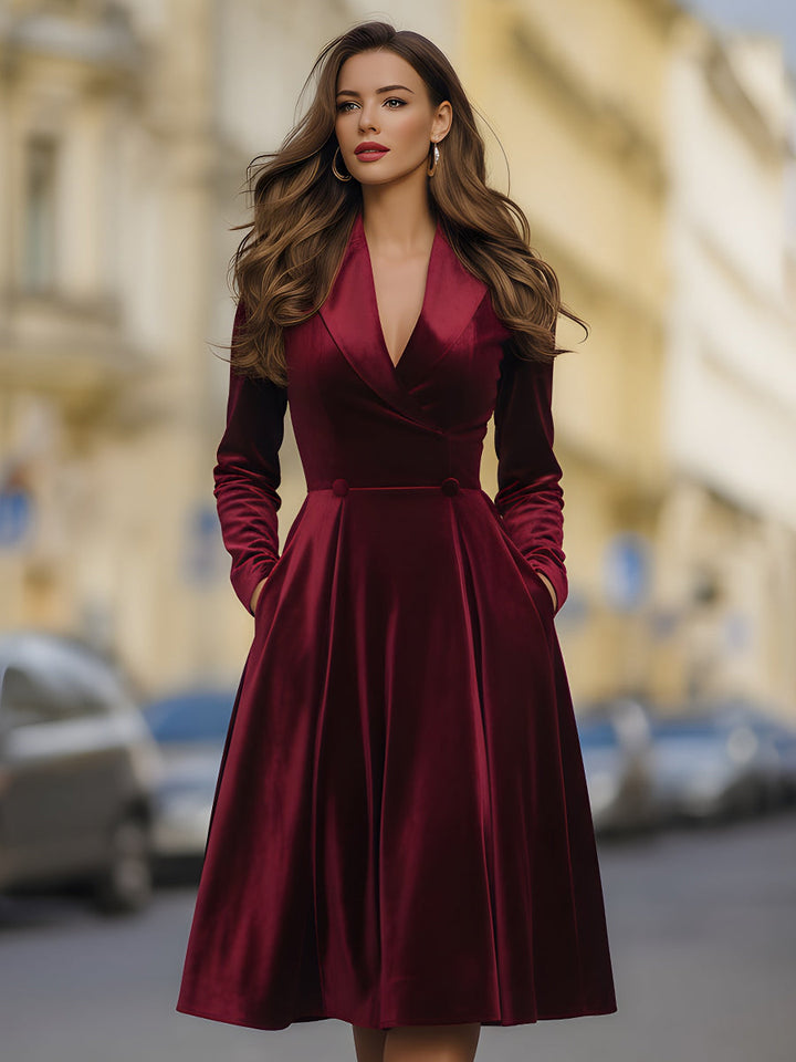 Rochie midi de catifea burgundy cu sacou