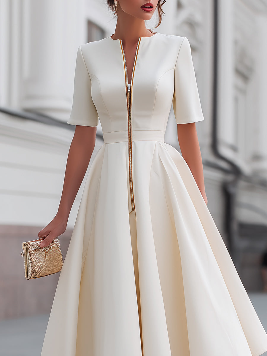 Rochie midi cu mâneci scurte și fermoar în față, model fit and flare