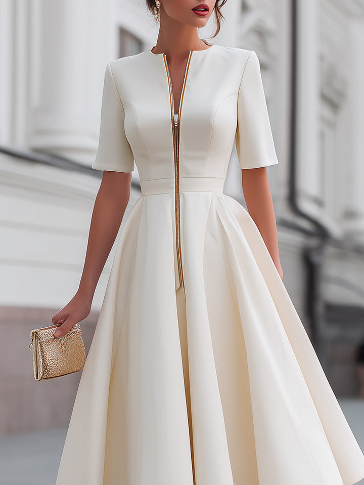 Rochie midi cu mâneci scurte și fermoar în față, model fit and flare