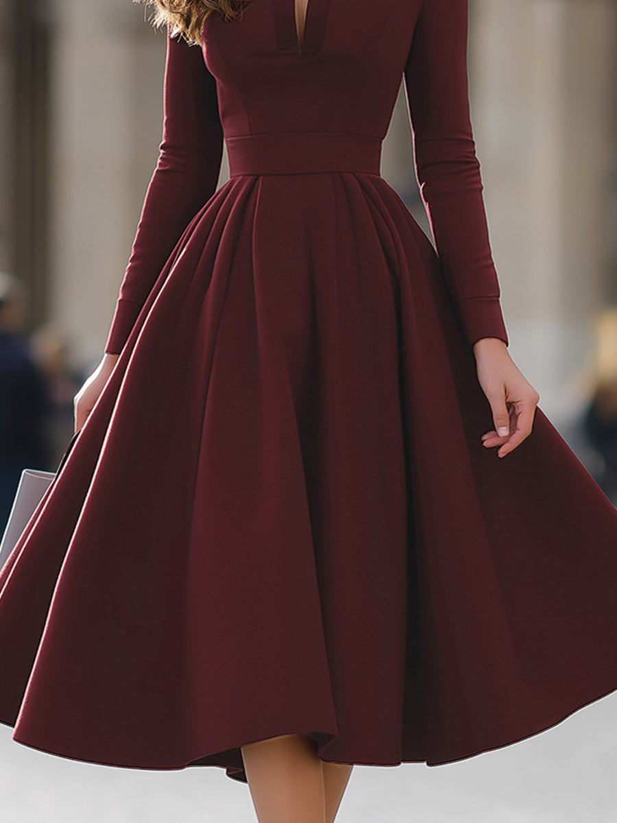 Rochie midi burgundy cu decolteu în V și fustă amplă