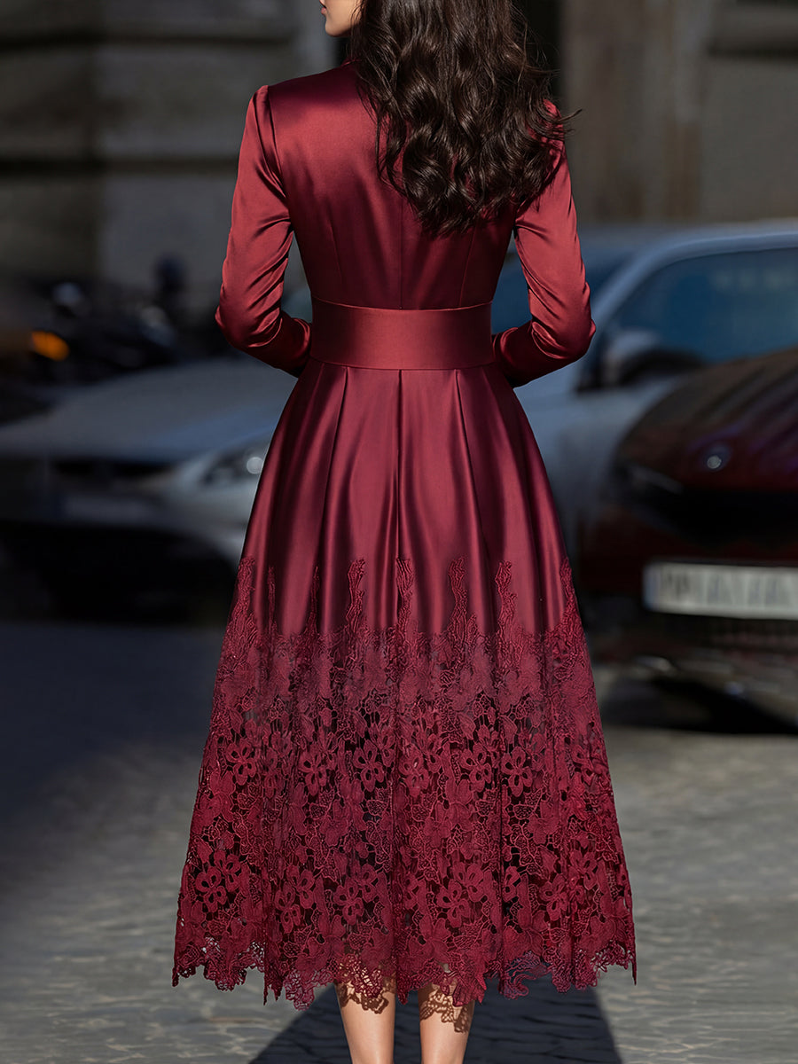Rochie Midi din Satin Bordeaux cu Curea și Tiv din Dantelă