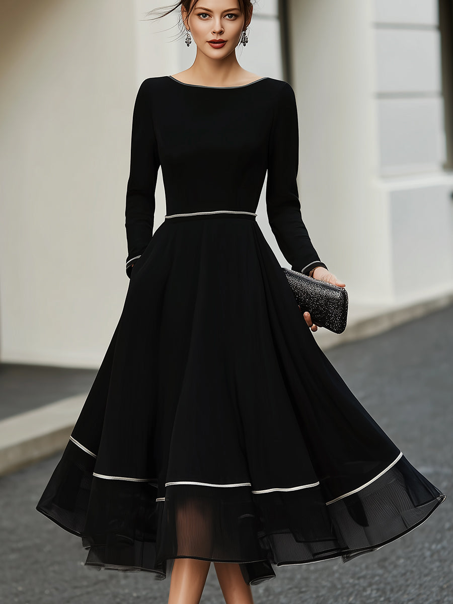Rochie midi cu mâneci lungi și ornamente contrastante, cu tiv evazat