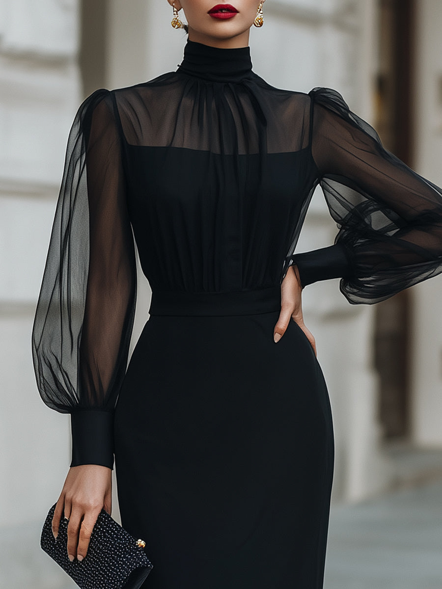 Rochie midi cu guler înalt și mâneci transparente