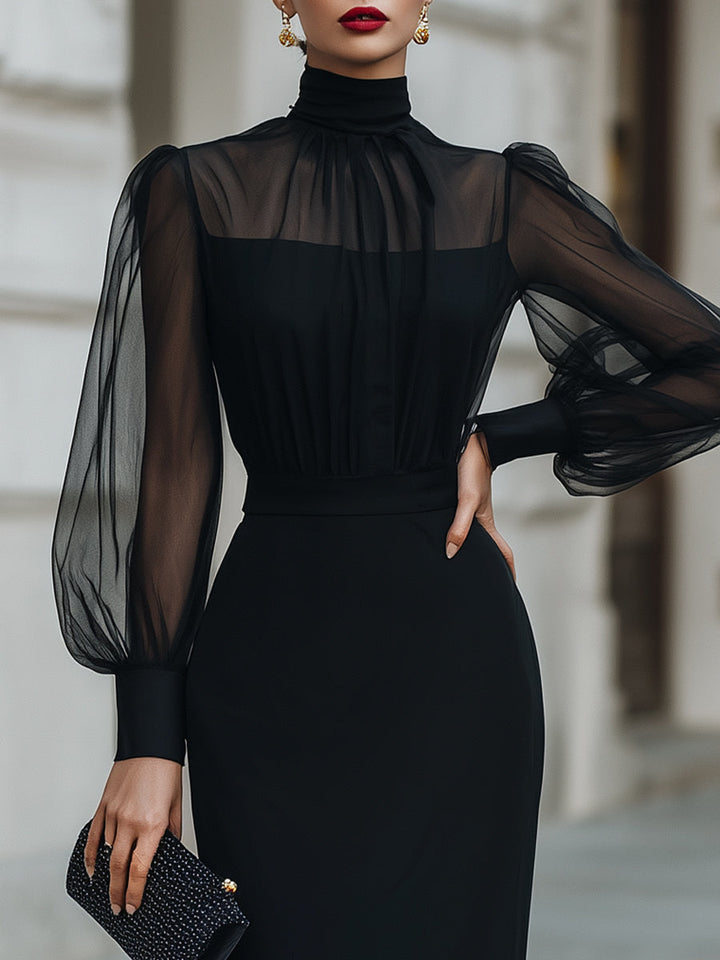 Rochie midi cu guler înalt și mâneci transparente