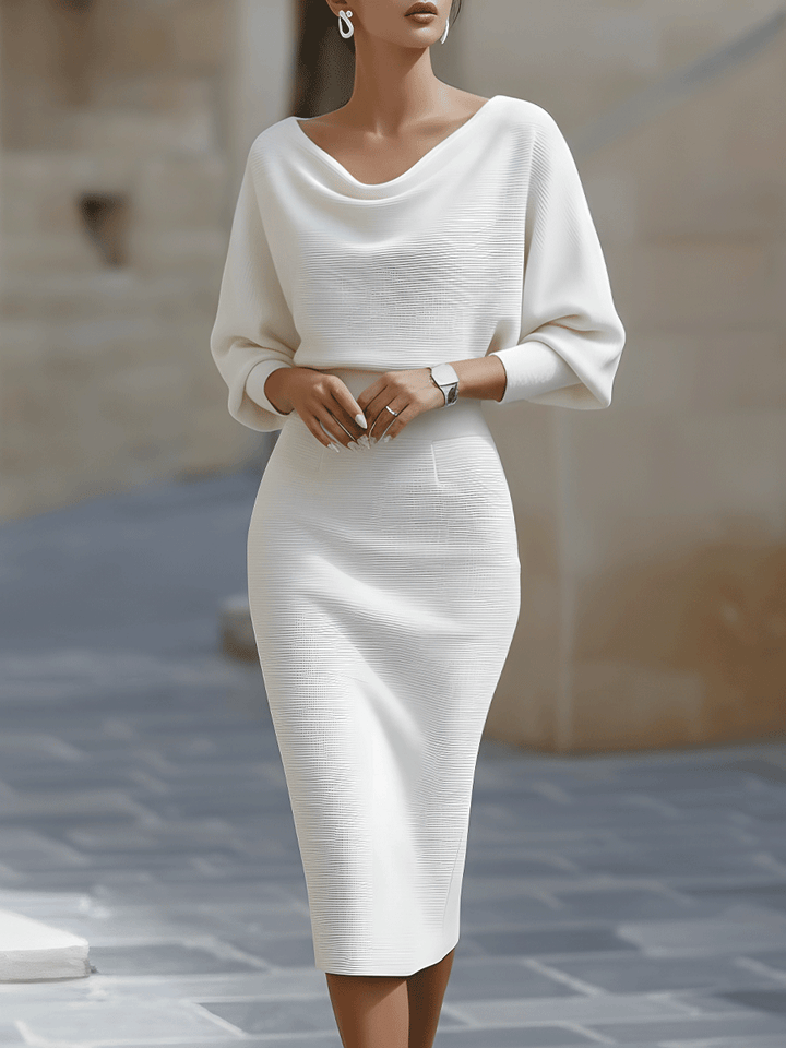 Rochie Midi Albă Drapată cu Mâneci Lărgite