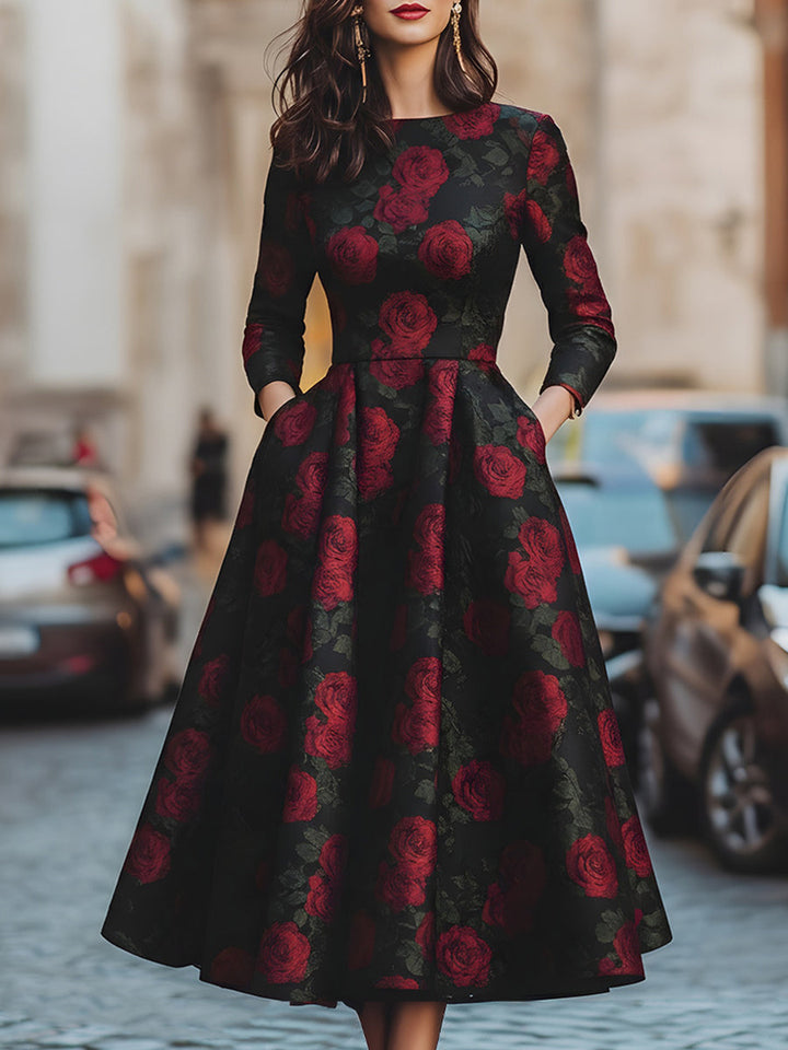 Rochie Midi Elegantă cu Trandafiri în Jacard